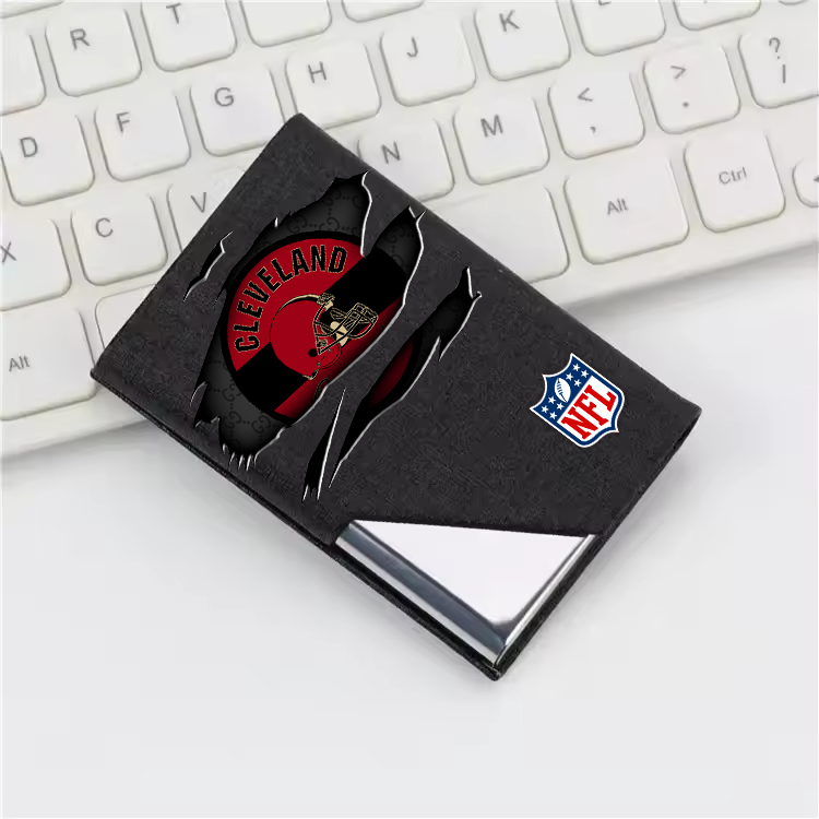 Custom Name Cleveland Browns Card Holder PU Leather Name Card Holder Card Case Stainless Steel Credit Cards Pocket V1