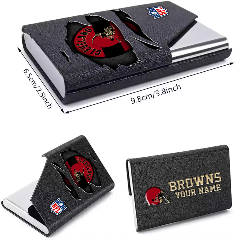 Custom Name Cleveland Browns Card Holder PU Leather Name Card Holder Card Case Stainless Steel Credit Cards Pocket V1