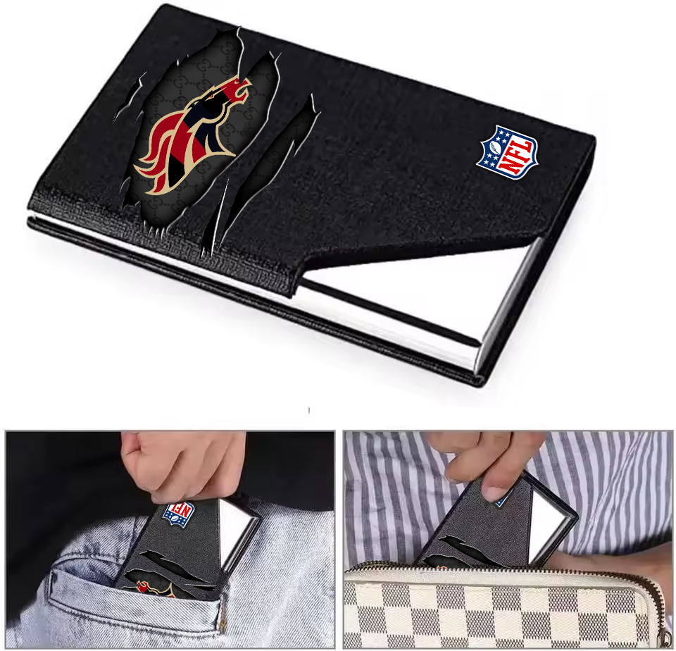 Custom Name Denver Broncos Card Holder PU Leather Name Card Holder Card Case Stainless Steel Credit Cards Pocket V1