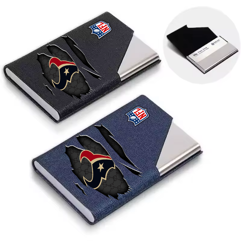 Custom Name Houston Texans Card Holder PU Leather Name Card Holder Card Case Stainless Steel Credit Cards Pocket V1