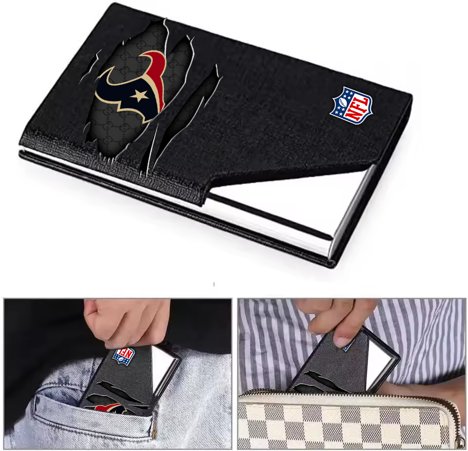 Custom Name Houston Texans Card Holder PU Leather Name Card Holder Card Case Stainless Steel Credit Cards Pocket V1
