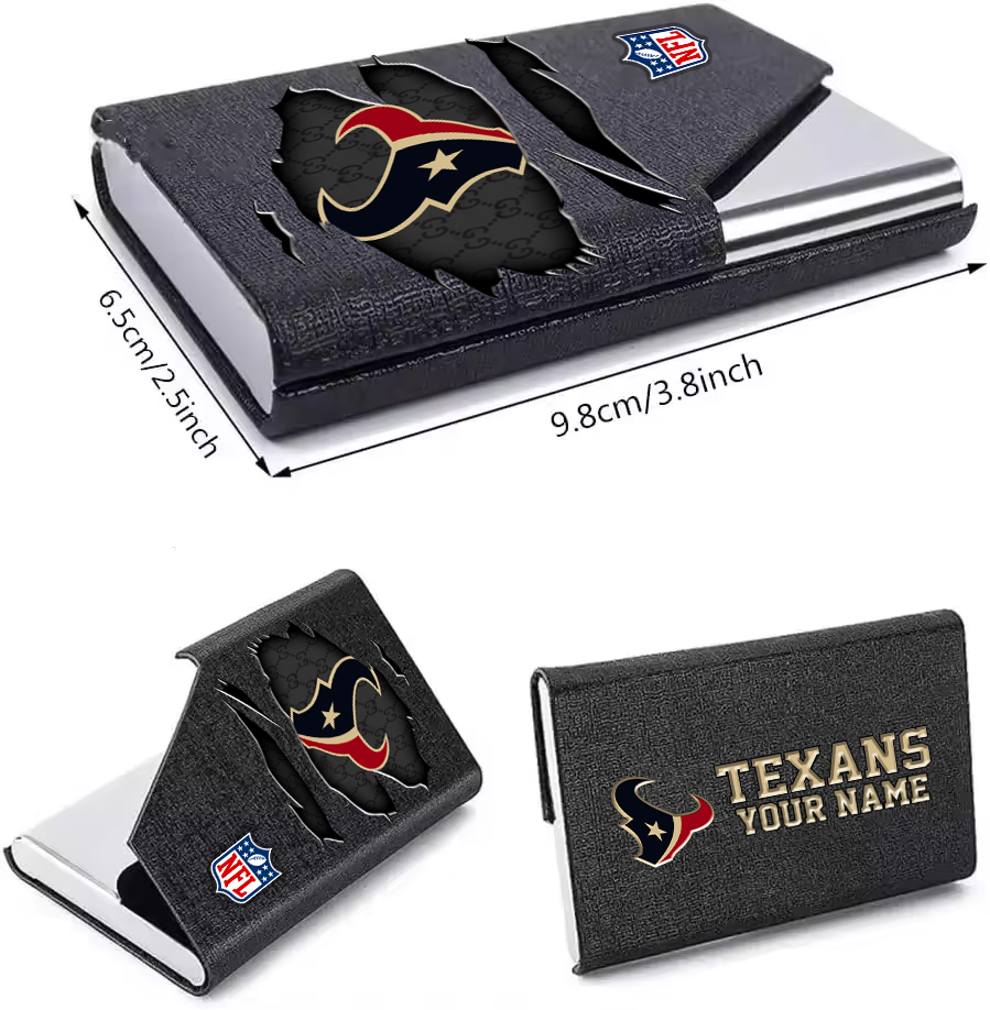Custom Name Houston Texans Card Holder PU Leather Name Card Holder Card Case Stainless Steel Credit Cards Pocket V1