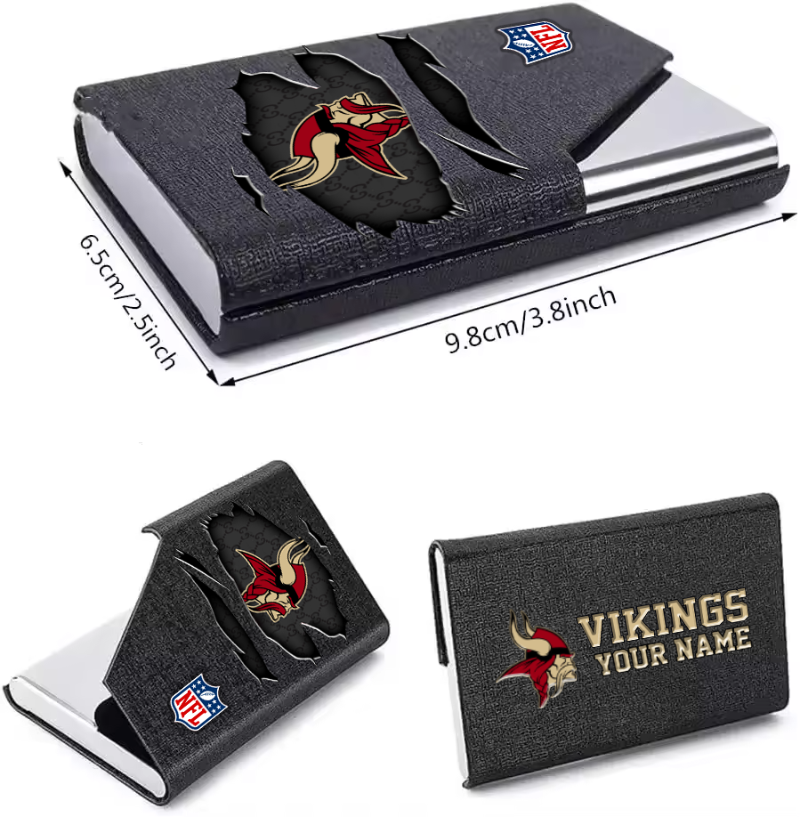 Custom Name Minnesota Vikings Card Holder PU Leather Name Card Holder Card Case Stainless Steel Credit Cards Pocket V1