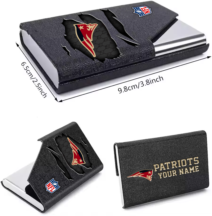 Custom Name New England Patriots Card Holder PU Leather Name Card Holder Card Case Stainless Steel Credit Cards Pocket V1