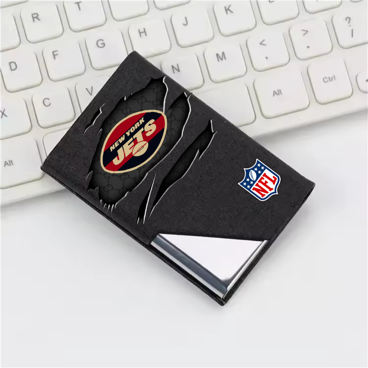 Custom Name New York Jets Card Holder PU Leather Name Card Holder Card Case Stainless Steel Credit Cards Pocket V1