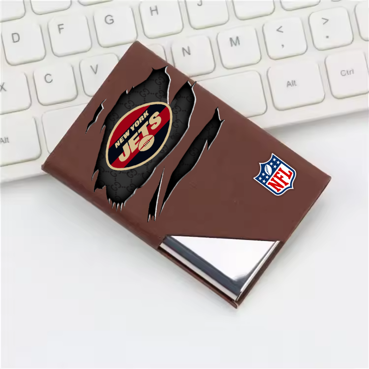 Custom Name New York Jets Card Holder PU Leather Name Card Holder Card Case Stainless Steel Credit Cards Pocket V1