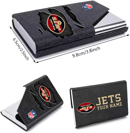 Custom Name New York Jets Card Holder PU Leather Name Card Holder Card Case Stainless Steel Credit Cards Pocket V1