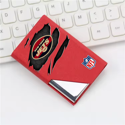 Custom Name New York Jets Card Holder PU Leather Name Card Holder Card Case Stainless Steel Credit Cards Pocket V1