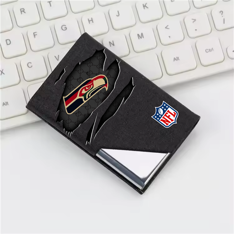 Custom Name Seattle Seahawks Card Holder PU Leather Name Card Holder Card Case Stainless Steel Credit Cards Pocket V1