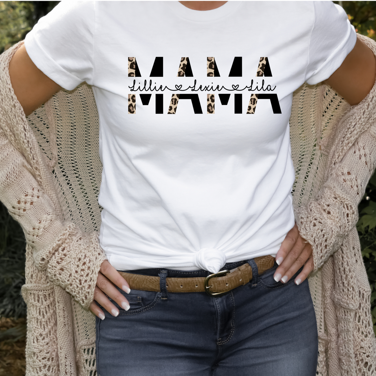 Customized Leopard Print Mama with Kids Names Shirt