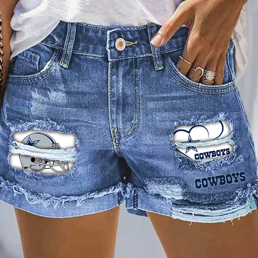 Dallas Cowboys Rip Print Fashion Denim Shorts