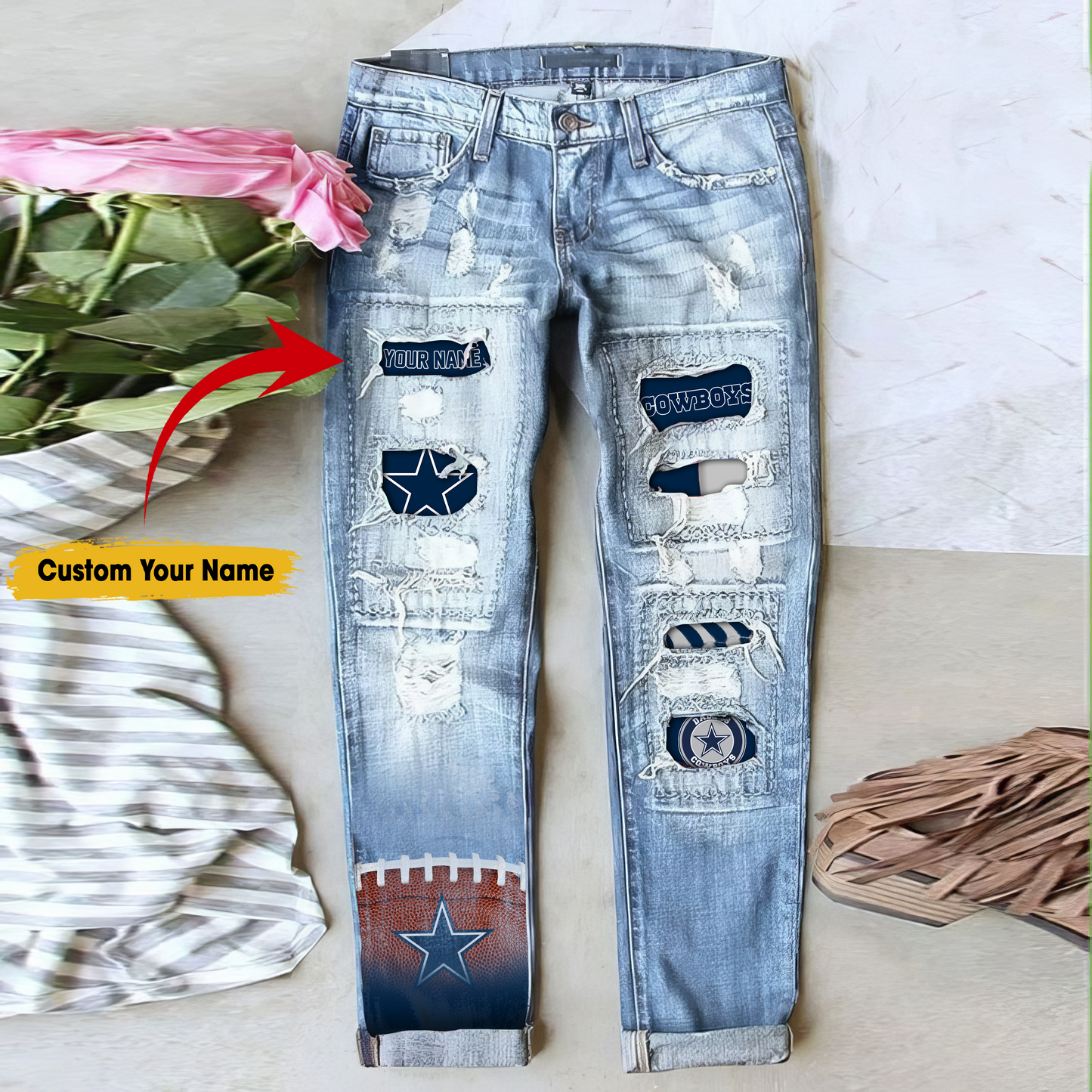 Dallas Cowboys STRETCH RIPPED FRAYED RAW HEM DISTRESSED DENIM JEANS WITH HOLE