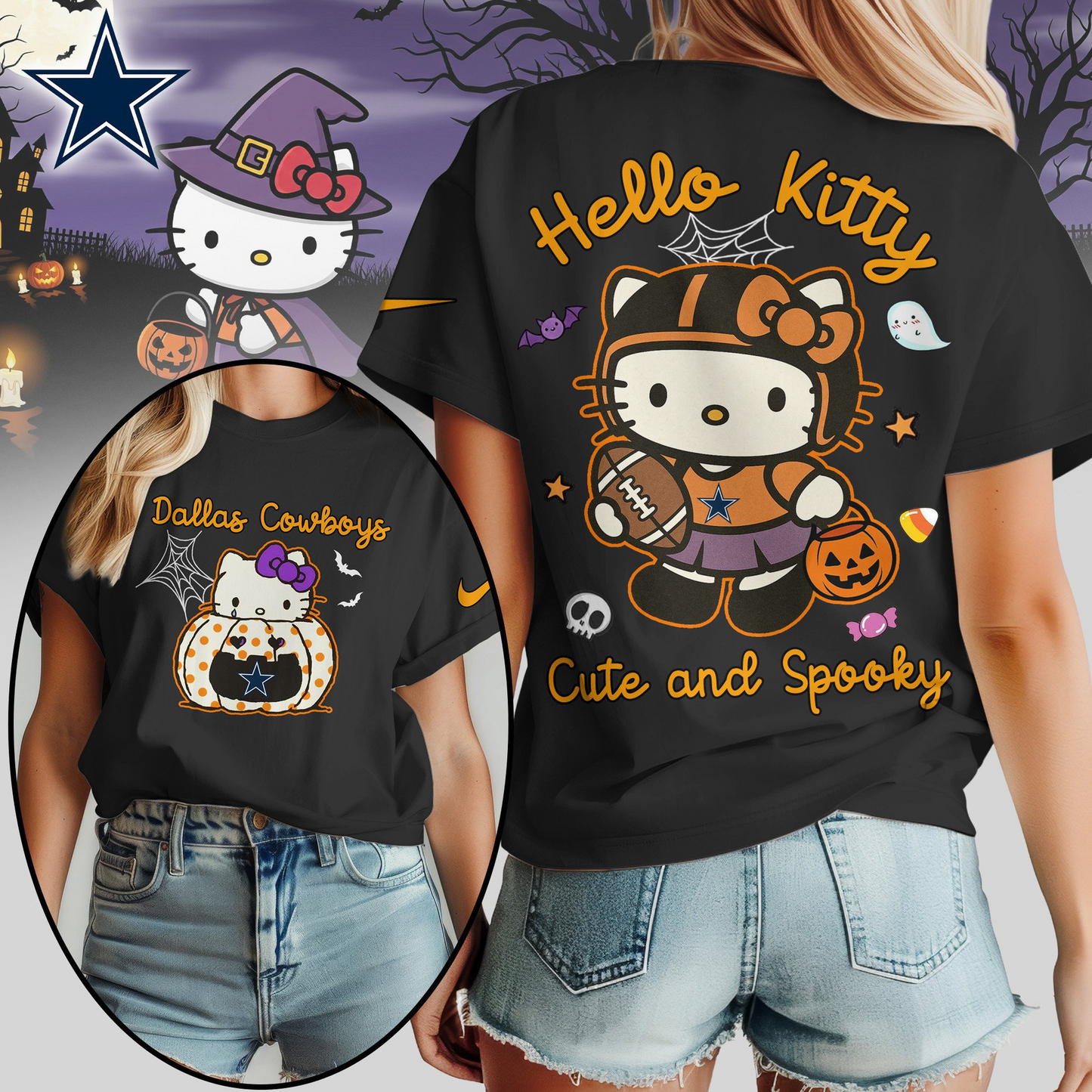DC Premium NFL Hello Kitty Cute & Spooky Halloween Women Shirt DDT CTND