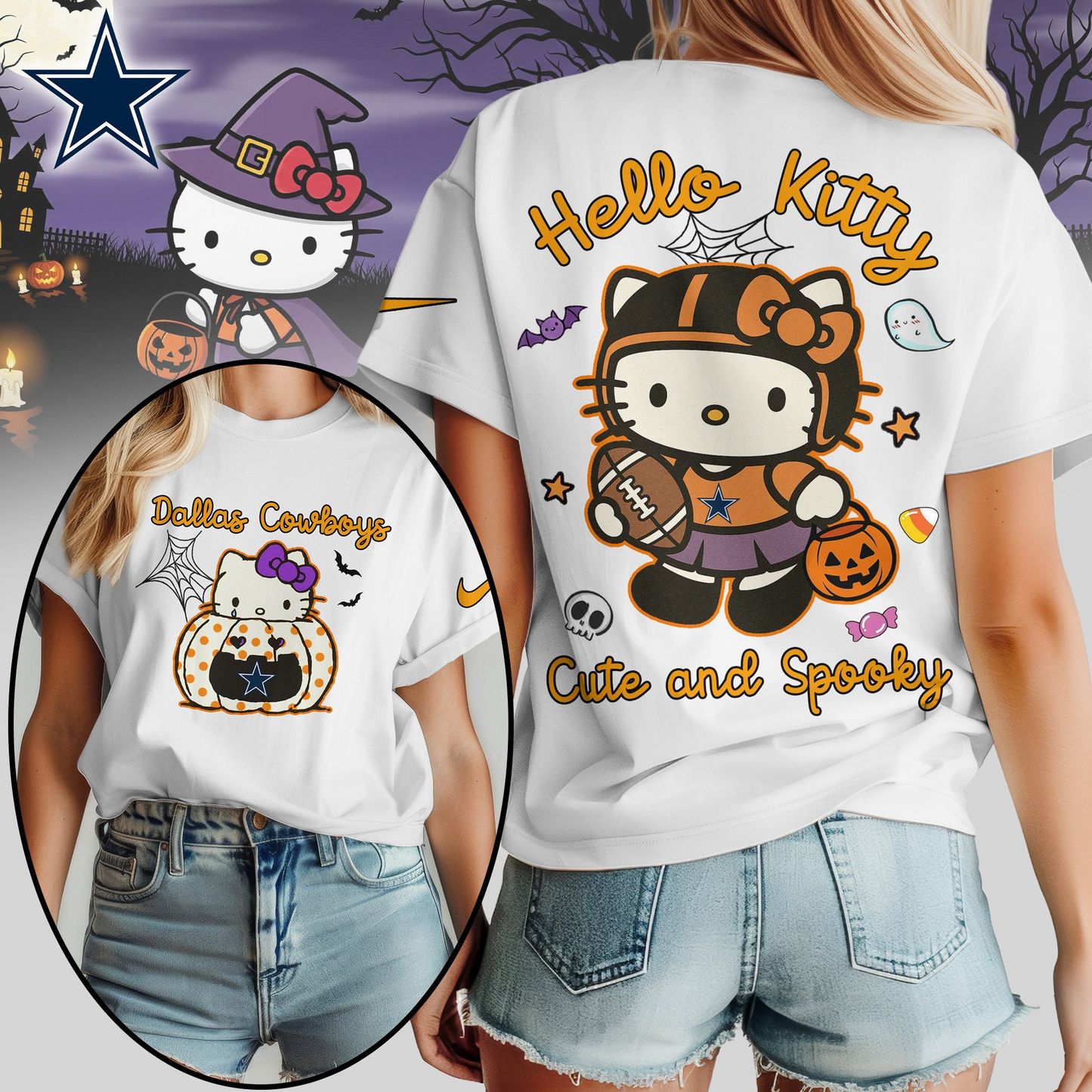 DC Premium NFL Hello Kitty Cute & Spooky Halloween Women Shirt DDT CTND