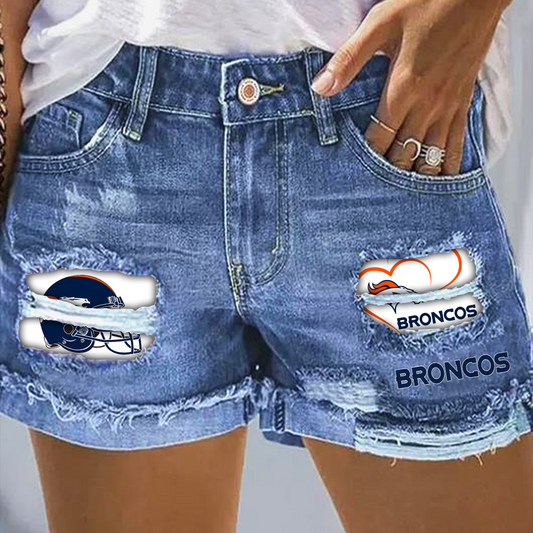Denver Broncos Rip Print Fashion Denim Shorts
