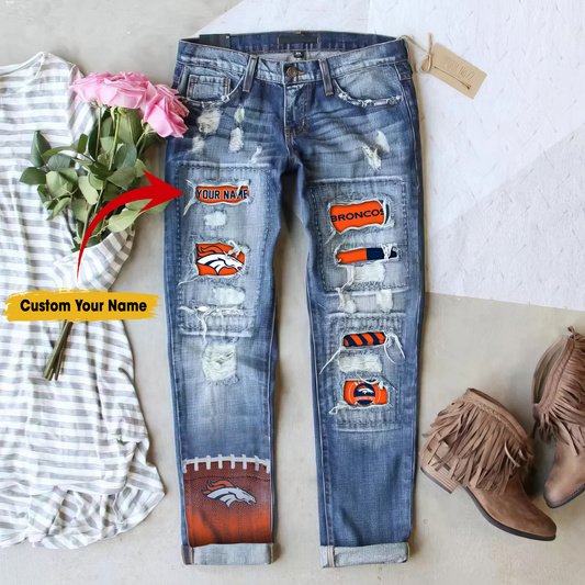 Denver Broncos STRETCH RIPPED FRAYED RAW HEM DISTRESSED DENIM JEANS WITH HOLE