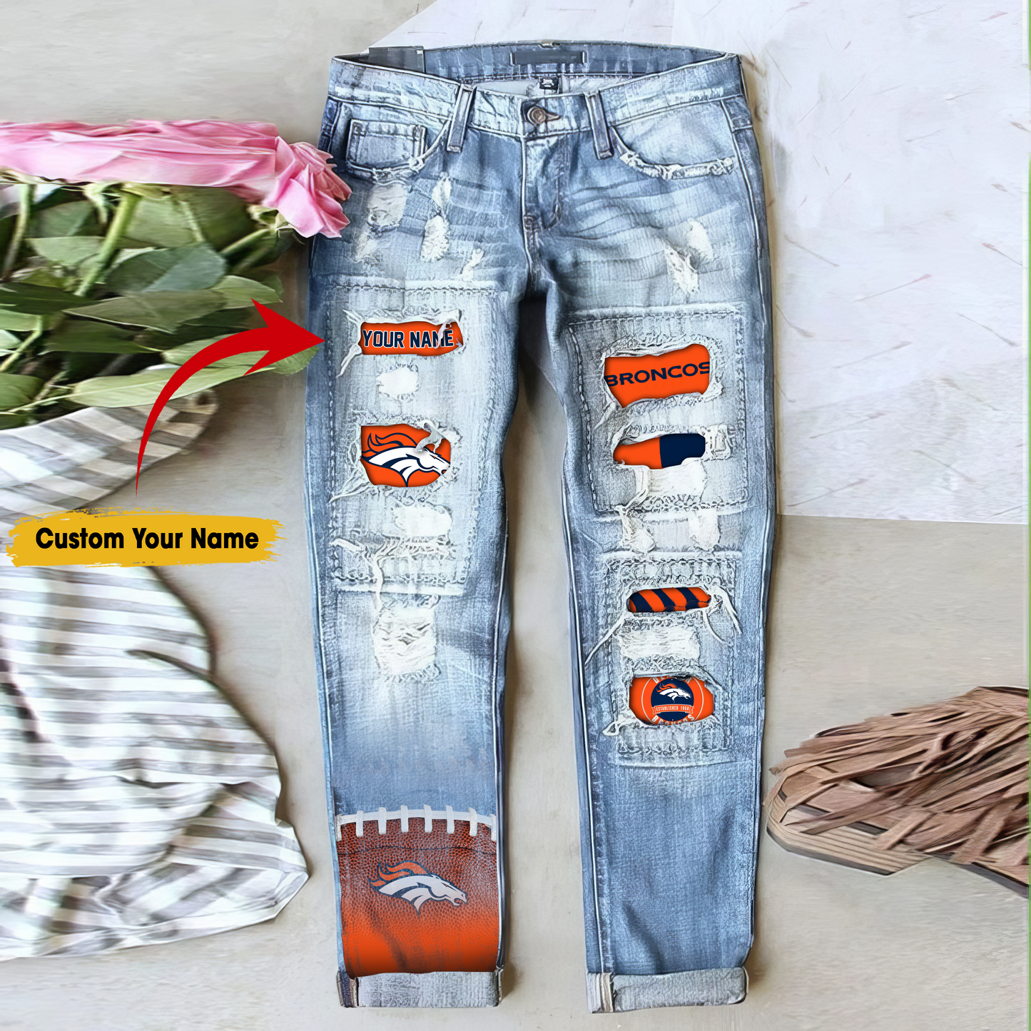 Denver Broncos STRETCH RIPPED FRAYED RAW HEM DISTRESSED DENIM JEANS WITH HOLE