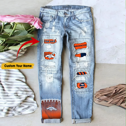 Denver Broncos STRETCH RIPPED FRAYED RAW HEM DISTRESSED DENIM JEANS WITH HOLE