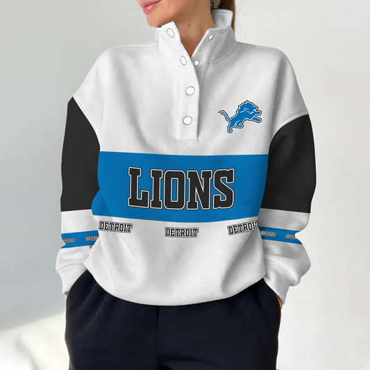 DET x NFL Women's Retro Casual Snap Mockneck Pullover DATND TANTD