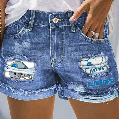 Detroit Lions Rip Print Fashion Denim Shorts