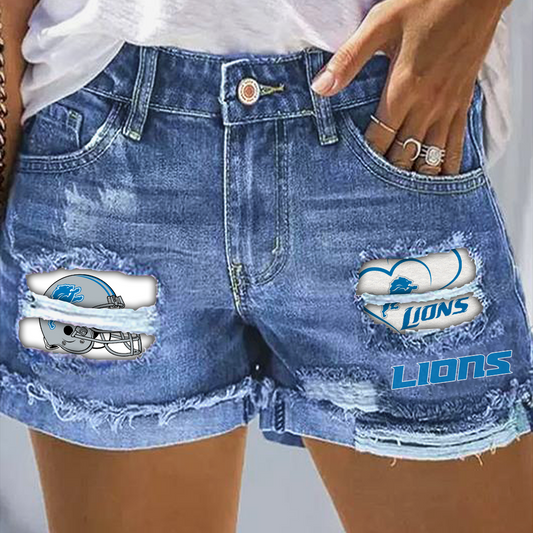 Detroit Lions Rip Print Fashion Denim Shorts