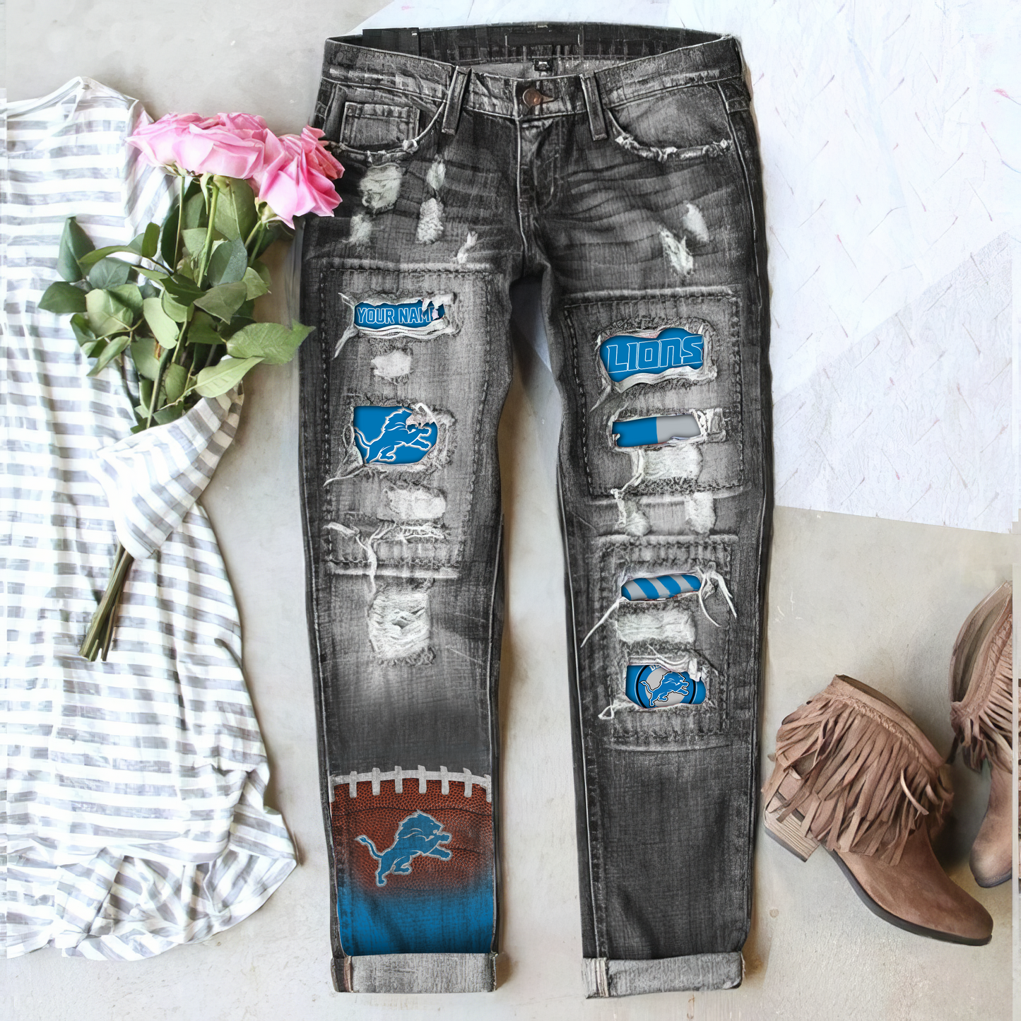 Detroit Lions STRETCH RIPPED FRAYED RAW HEM DISTRESSED DENIM JEANS WITH HOLE