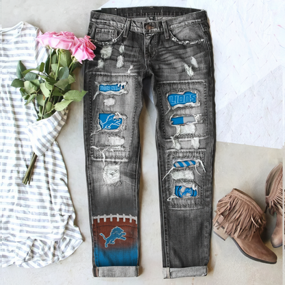 Detroit Lions STRETCH RIPPED FRAYED RAW HEM DISTRESSED DENIM JEANS WITH HOLE