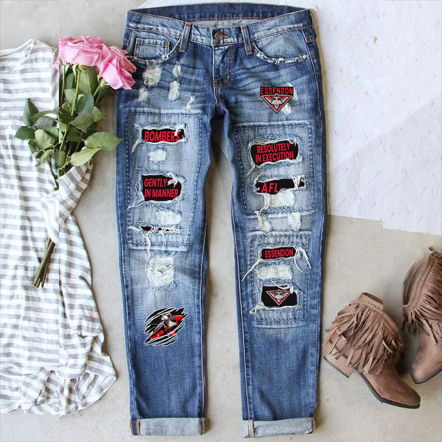 Essendon Bombers AFL 2025 Stretch Ripped Frayed Raw Hem Distressed Denim Jeans With Hole TM NTA V1