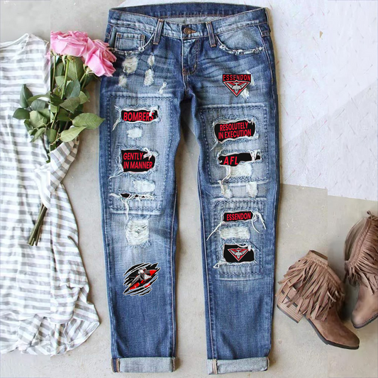 Essendon Bombers AFL 2025 Stretch Ripped Frayed Raw Hem Distressed Denim Jeans With Hole TM NTA V1
