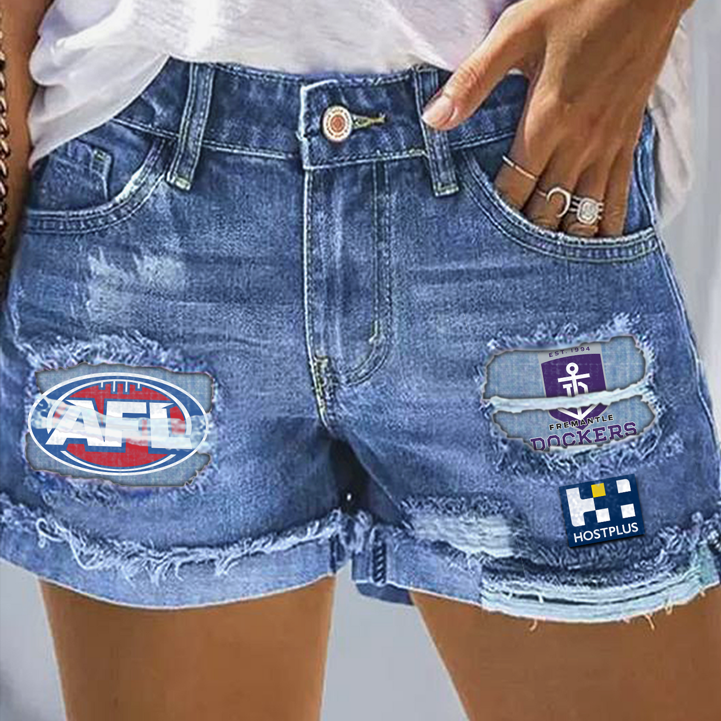 Fremantle Dockers AFL 2025 Print Fashion Denim Shorts TM V1