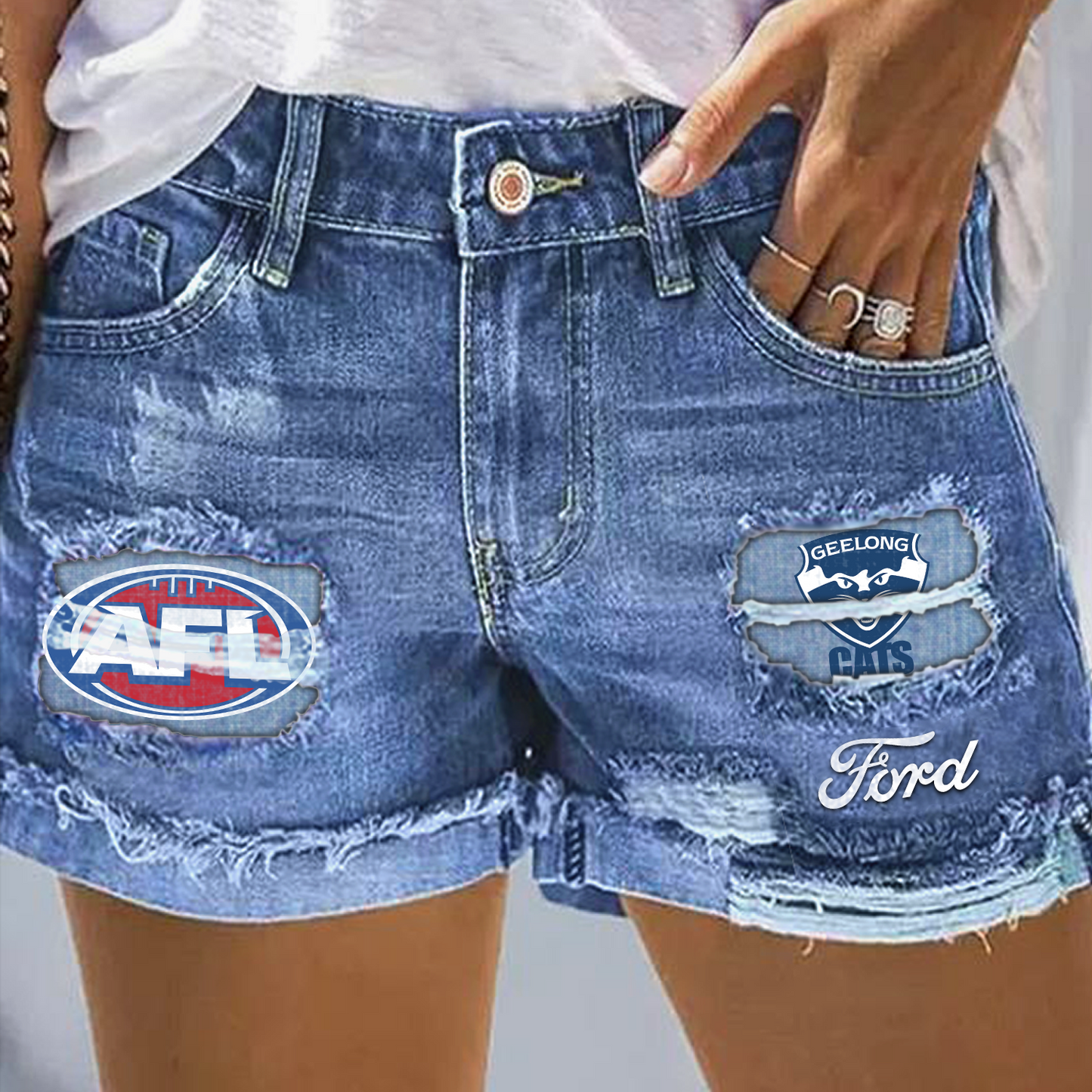 Geelong Cats AFL 2025 Print Fashion Denim Shorts TM V1