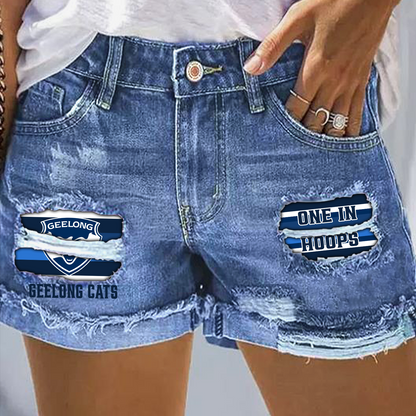 Geelong Cats AFL 2025 Rip Print Fashion Denim Shorts TM NTA V2