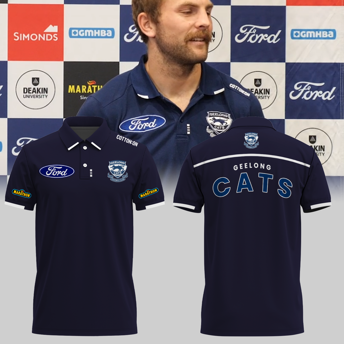 Geelong Football Club AFL 2025 Cats One In Hoops Limited Edition Polo Shirt TM V23