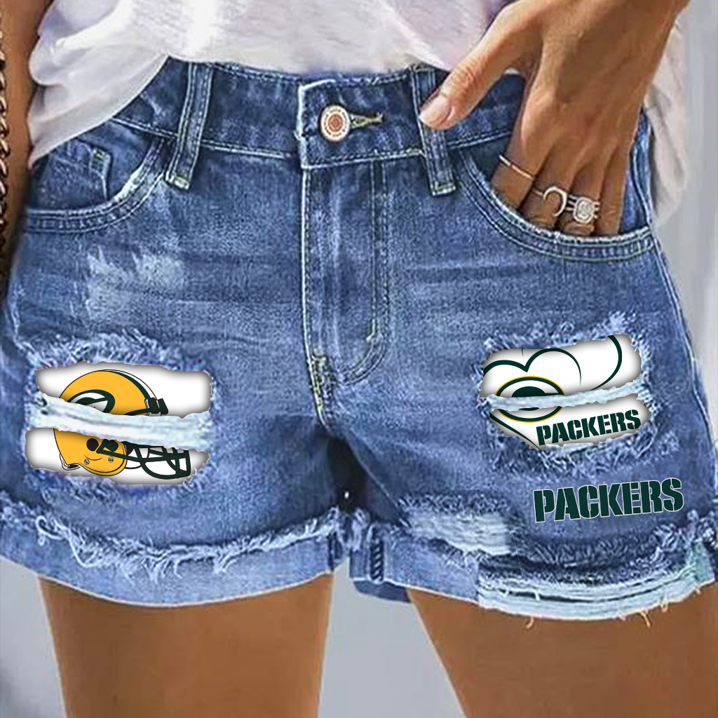 Green Bay Packers Rip Print Fashion Denim Shorts