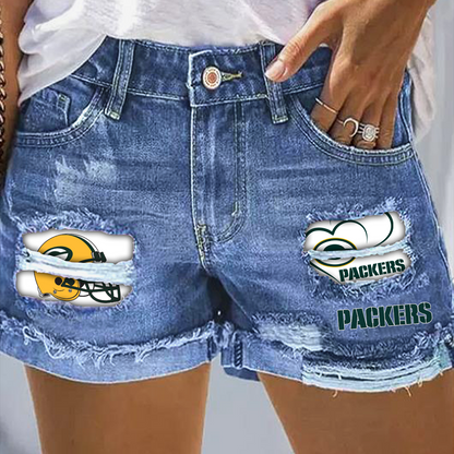 Green Bay Packers Rip Print Fashion Denim Shorts
