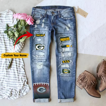 Green Bay Packers STRETCH RIPPED FRAYED RAW HEM DISTRESSED DENIM JEANS WITH HOLE