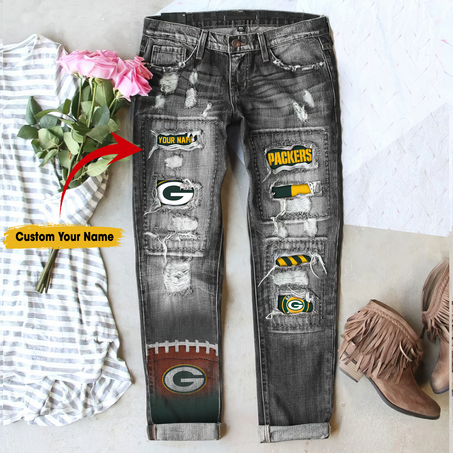 Green Bay Packers STRETCH RIPPED FRAYED RAW HEM DISTRESSED DENIM JEANS WITH HOLE