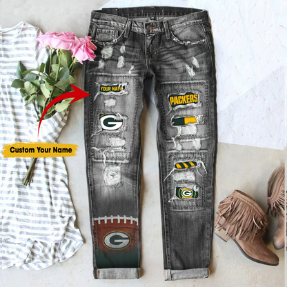 Green Bay Packers STRETCH RIPPED FRAYED RAW HEM DISTRESSED DENIM JEANS WITH HOLE