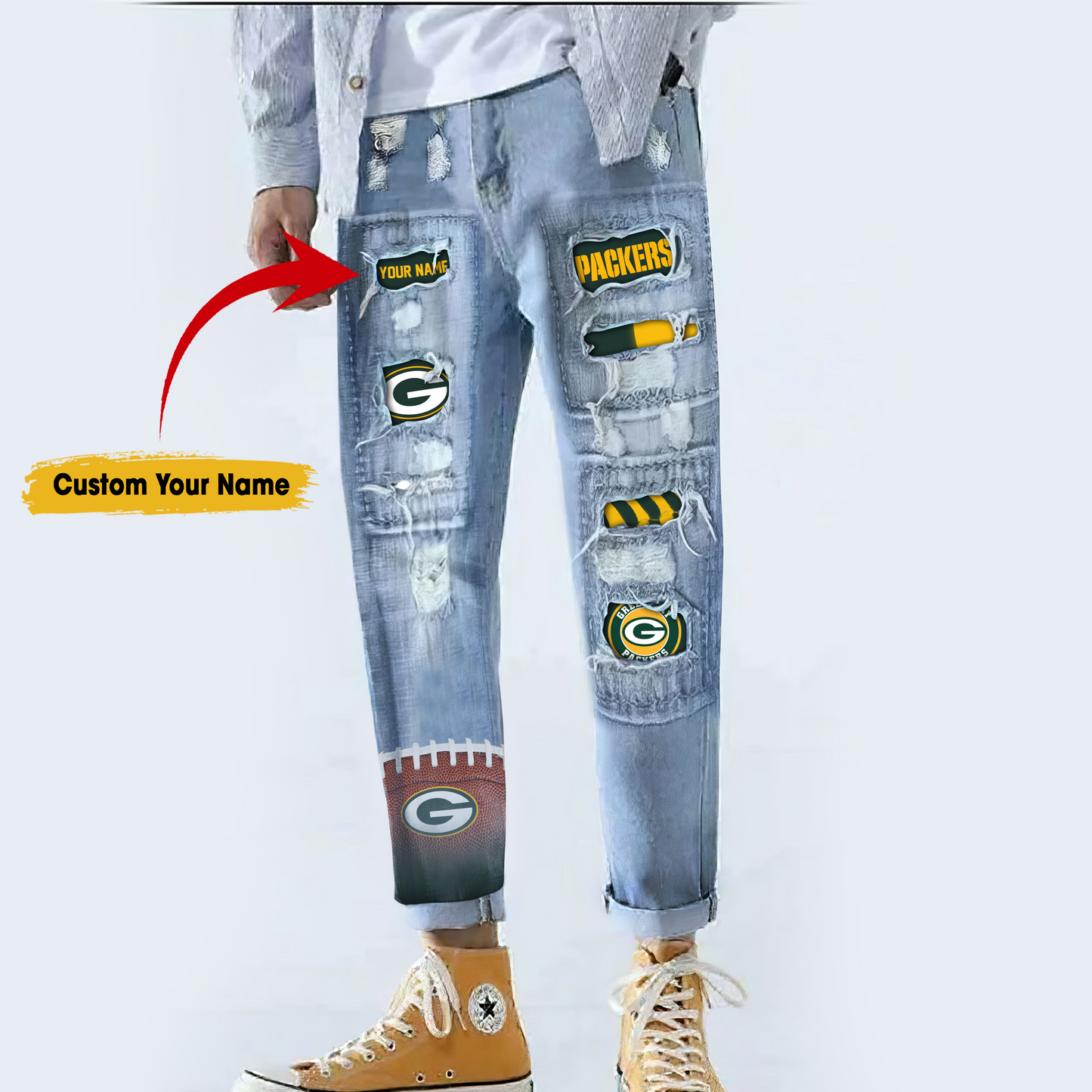 Green Bay Packers STRETCH RIPPED FRAYED RAW HEM DISTRESSED DENIM JEANS WITH HOLE