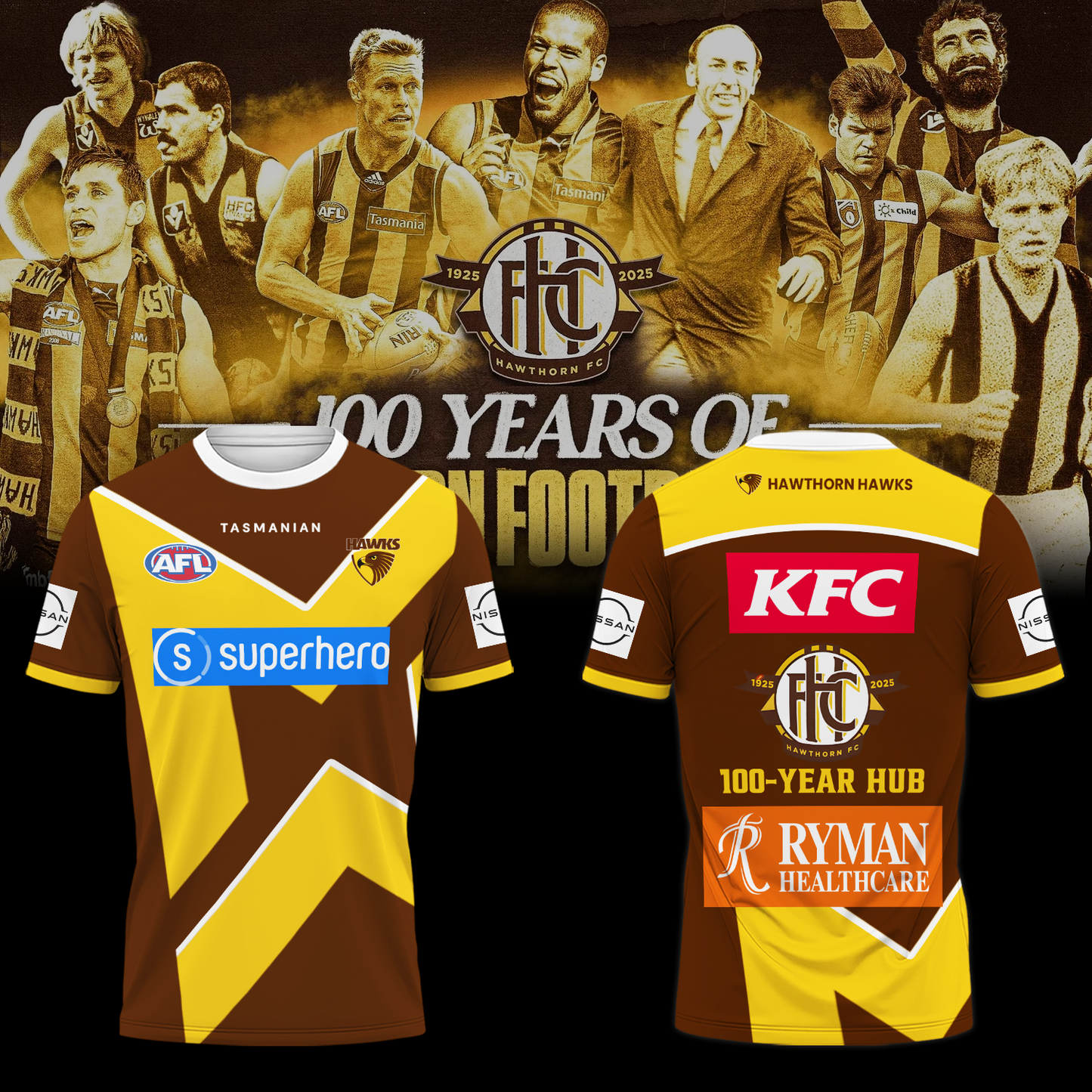 Hawthorn Football Club AFL 100 Year Hub Limited Edition T-Shirt TM - You will save more when you buy the clothes and hat combo V4