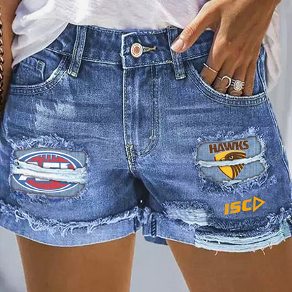 Hawthorn Hawks AFL 2025 Print Fashion Denim Shorts TM V1
