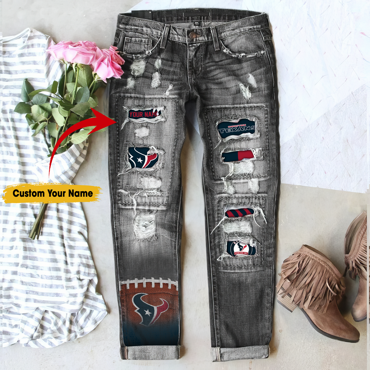 Houston Texans STRETCH RIPPED FRAYED RAW HEM DISTRESSED DENIM JEANS WITH HOLE