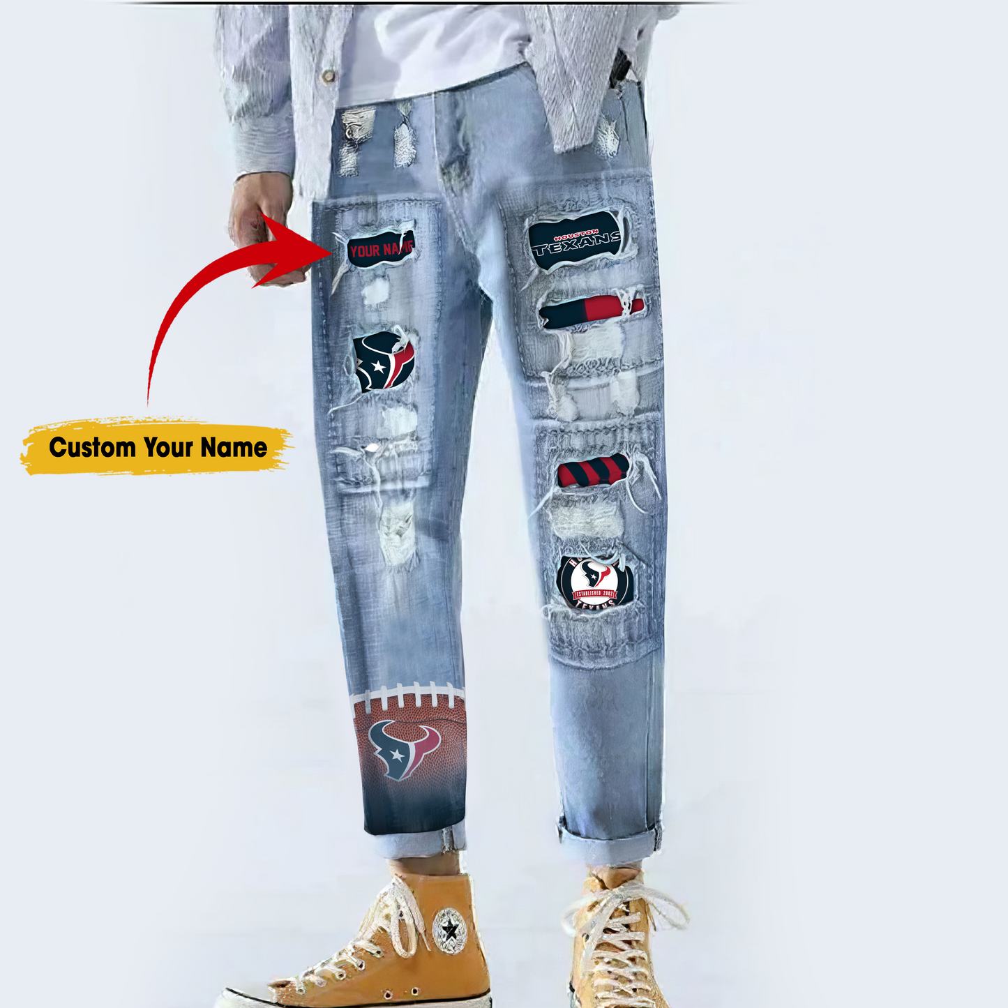 Houston Texans STRETCH RIPPED FRAYED RAW HEM DISTRESSED DENIM JEANS WITH HOLE