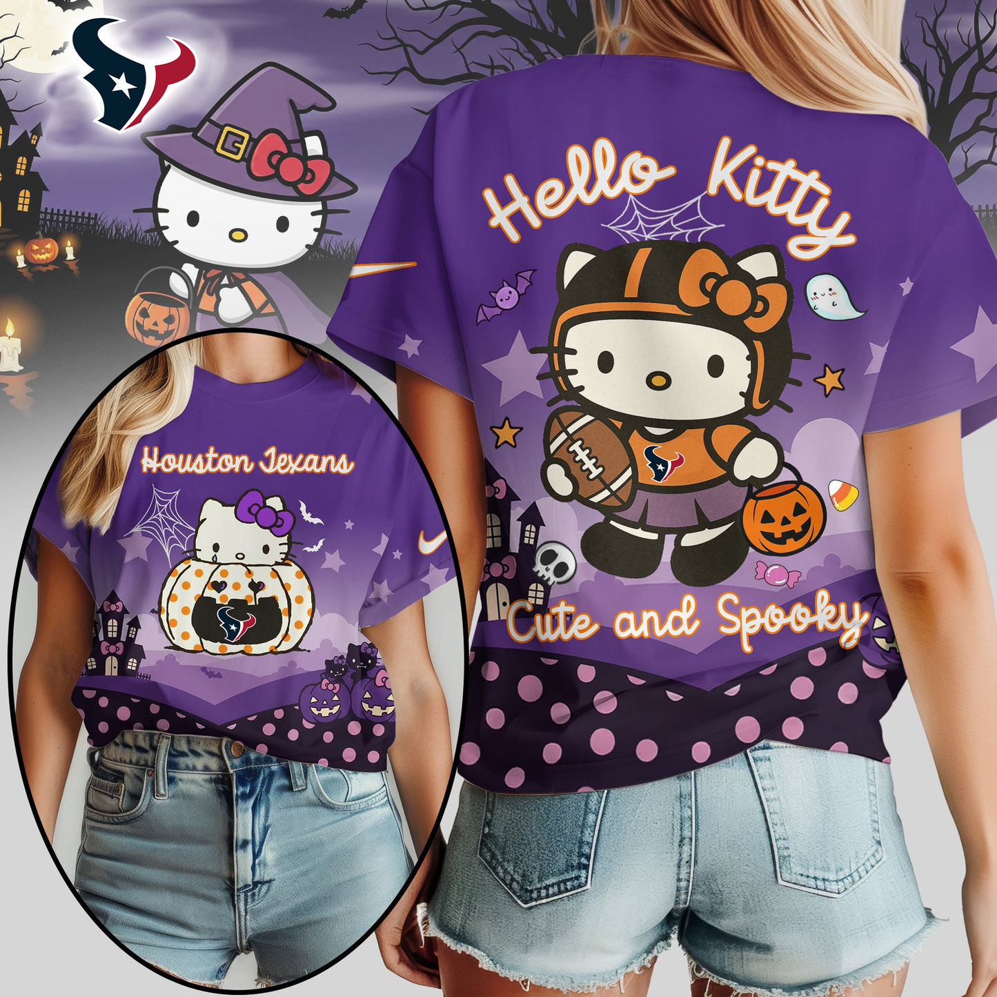 HT Premium NFL Hello Kitty Cute & Spooky Halloween Women Shirt DDT CTND