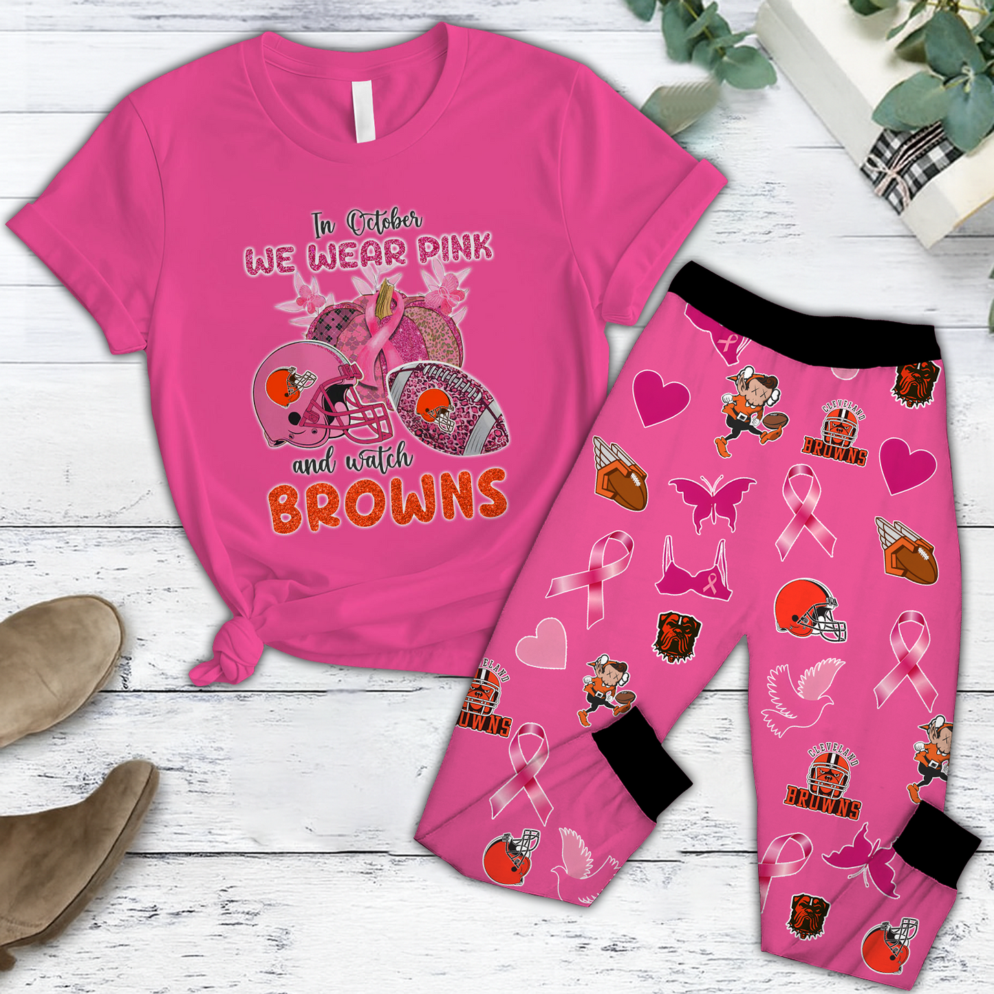 In October We Wear Pink And Watch CLE NFL Pajamas Set DatND DVT