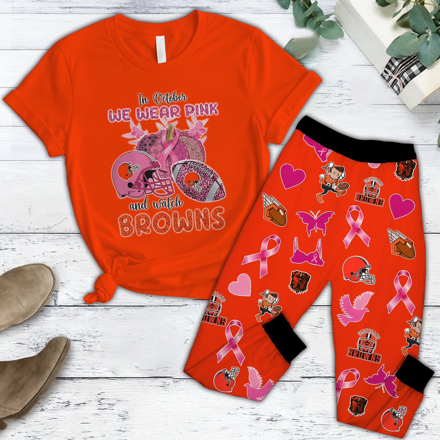 In October We Wear Pink And Watch CLE NFL Pajamas Set DatND DVT