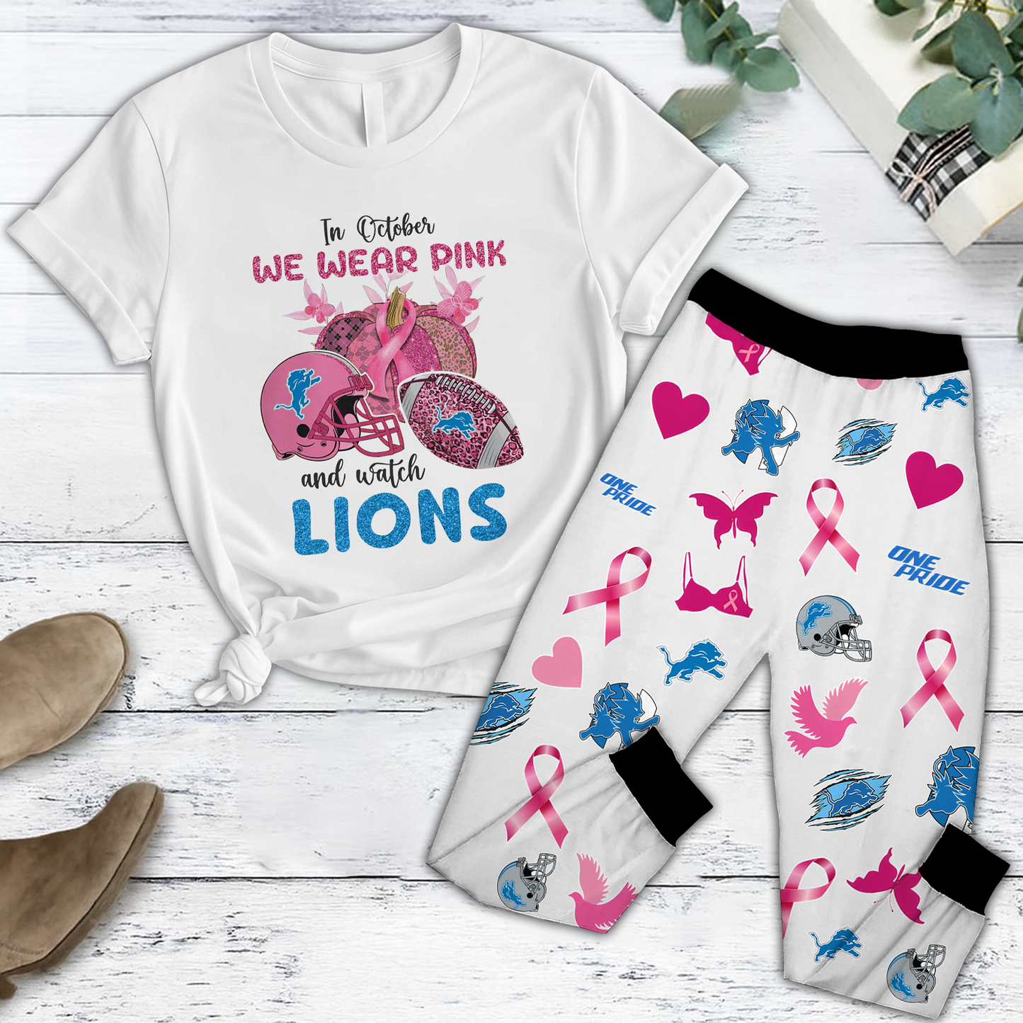 In October We Wear Pink And Watch DET NFL Pajamas Set DatND DVT