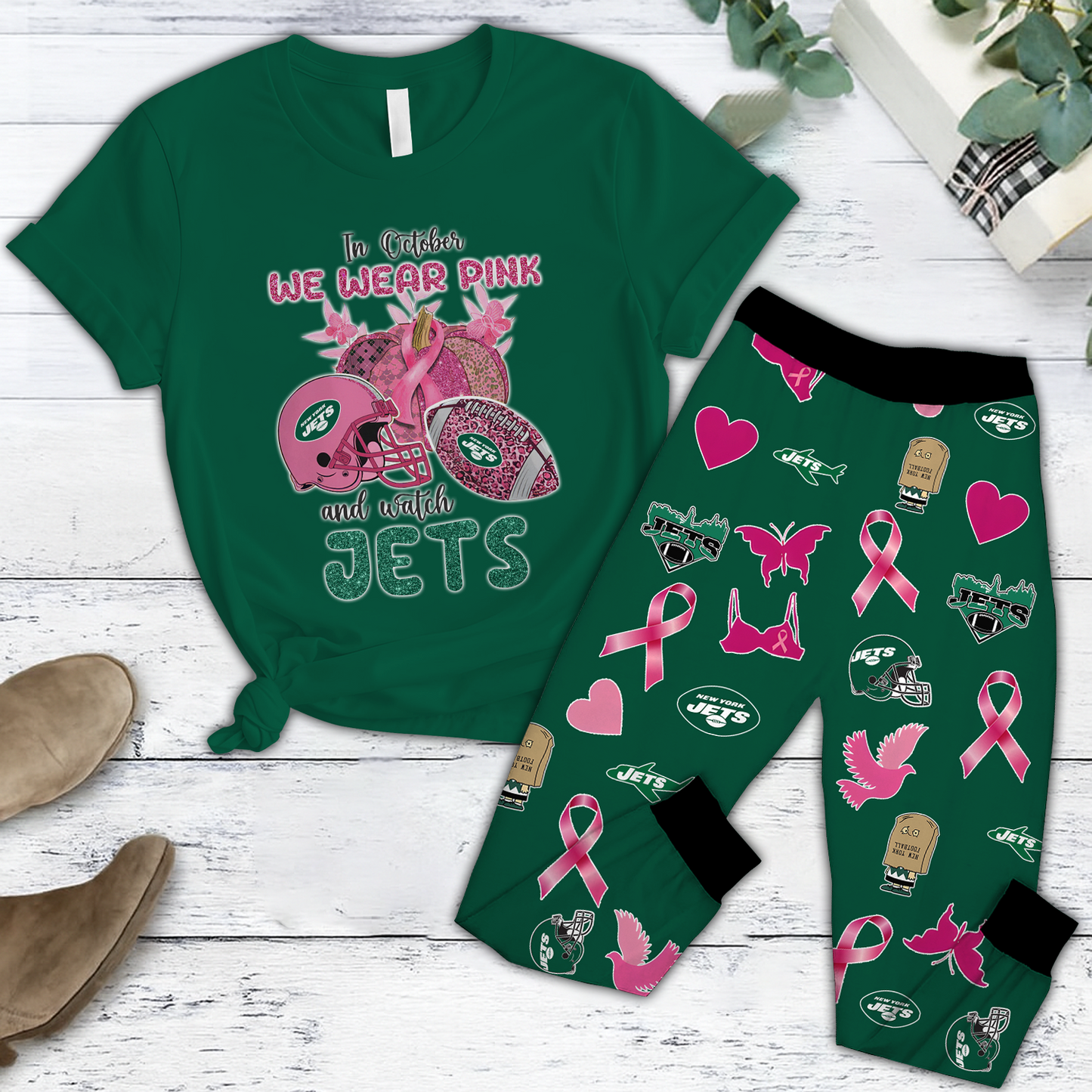 In October We Wear Pink And Watch NYJ NFL Pajamas Set DatND DVT