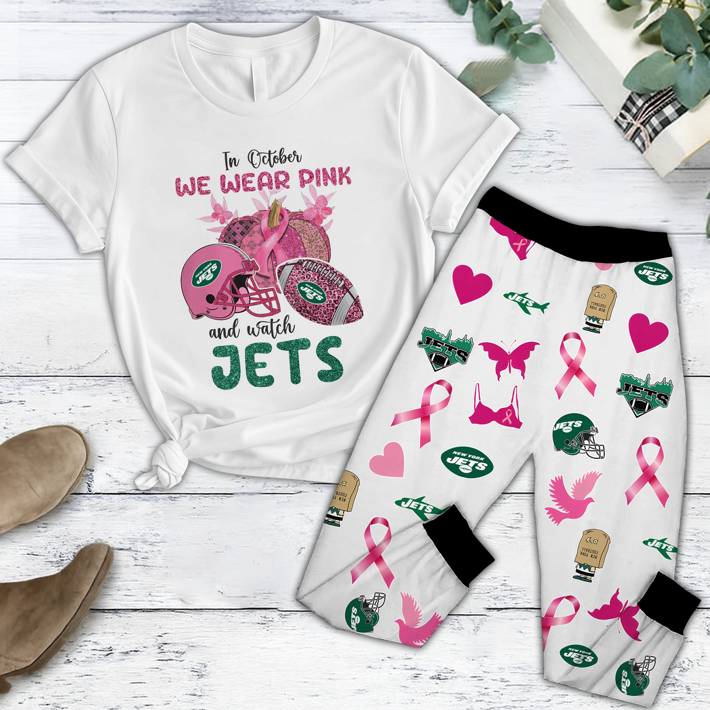 In October We Wear Pink And Watch NYJ NFL Pajamas Set DatND DVT