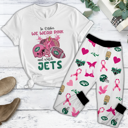 In October We Wear Pink And Watch NYJ NFL Pajamas Set DatND DVT